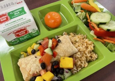 Lunch tray with a burrito, rice and salsa on it.